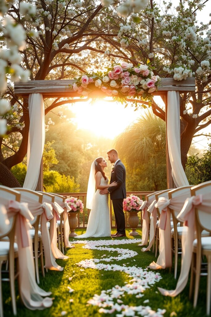 Enchanting Outdoor Wedding Under Blossoming Trees – free AI stock image