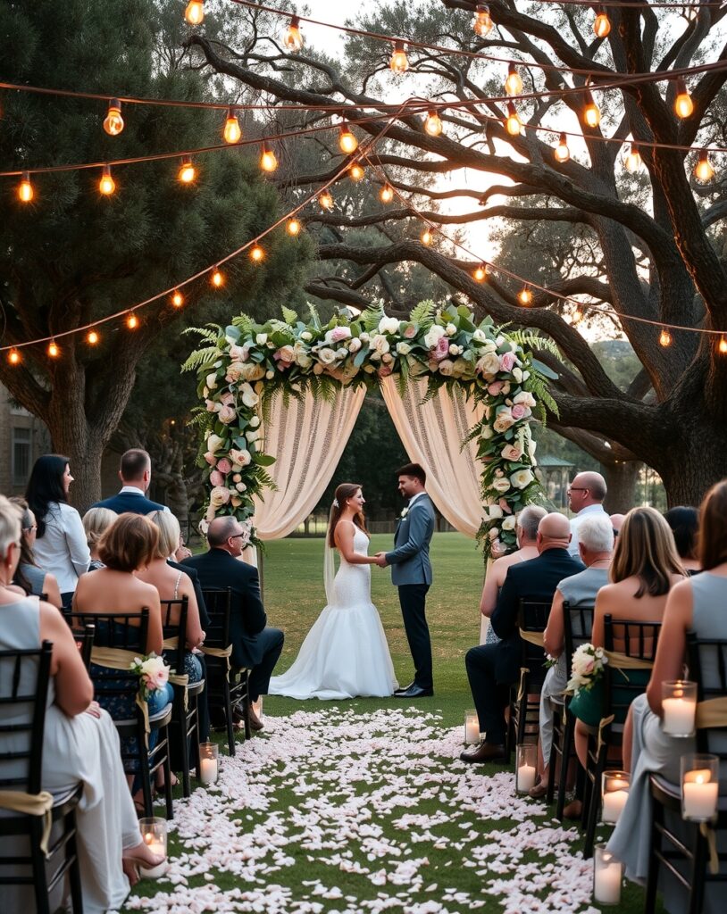 Enchanting Outdoor Wedding Under String Lights – free AI stock image