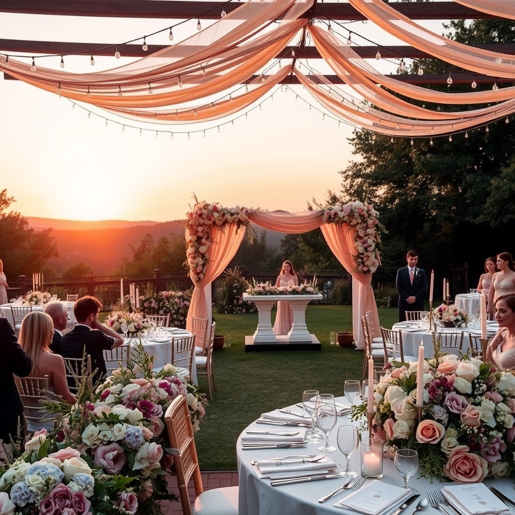 Enchanting Outdoor Wedding Under Twinkling Lights – free AI stock image