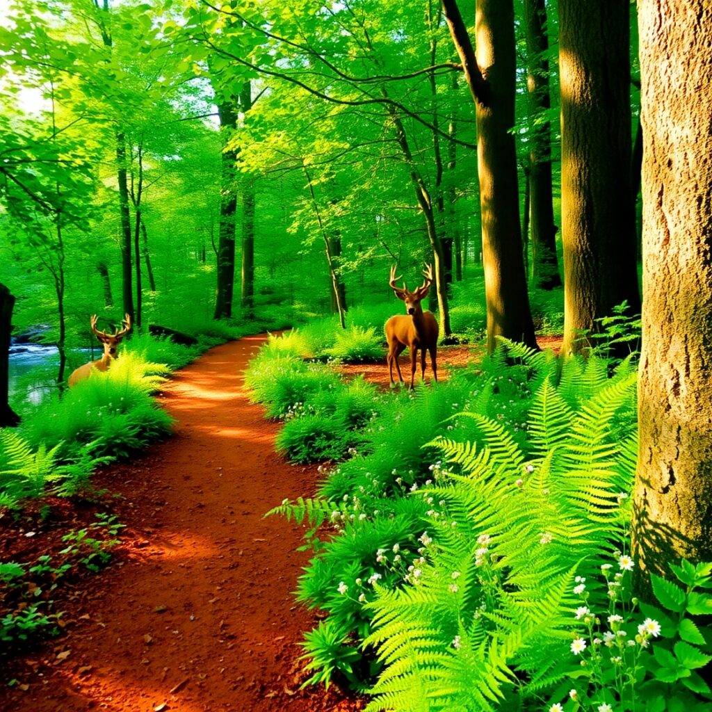 Enchanting Sunlight Filtering Through Forest Canopy – free AI stock image