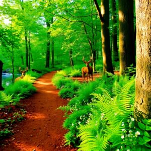 Enchanting Sunlight Filtering Through Forest Canopy – free AI stock image