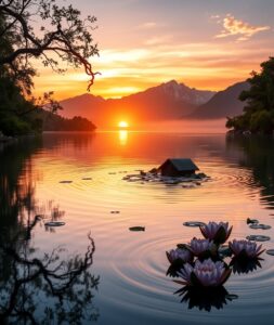 Enchanting Sunrise Over Serene Lake – free AI stock image