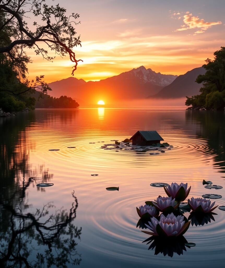 Enchanting Sunrise Over Serene Lake – free AI stock image