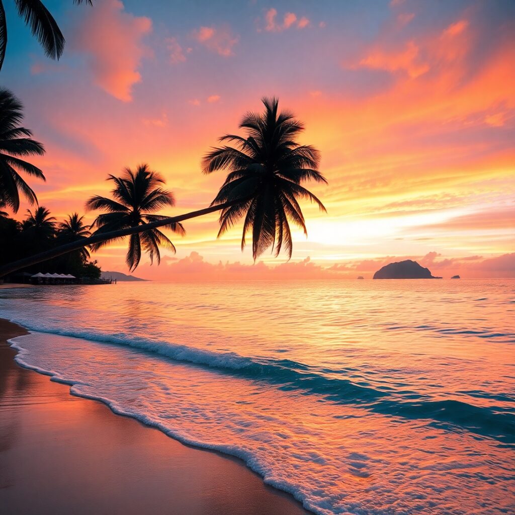 Enchanting Sunset Over a Serene Beach – free AI stock image