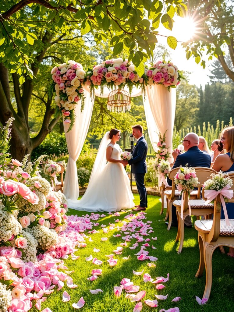 Enchanting Wedding Ceremony in a Flower Garden – free AI stock image
