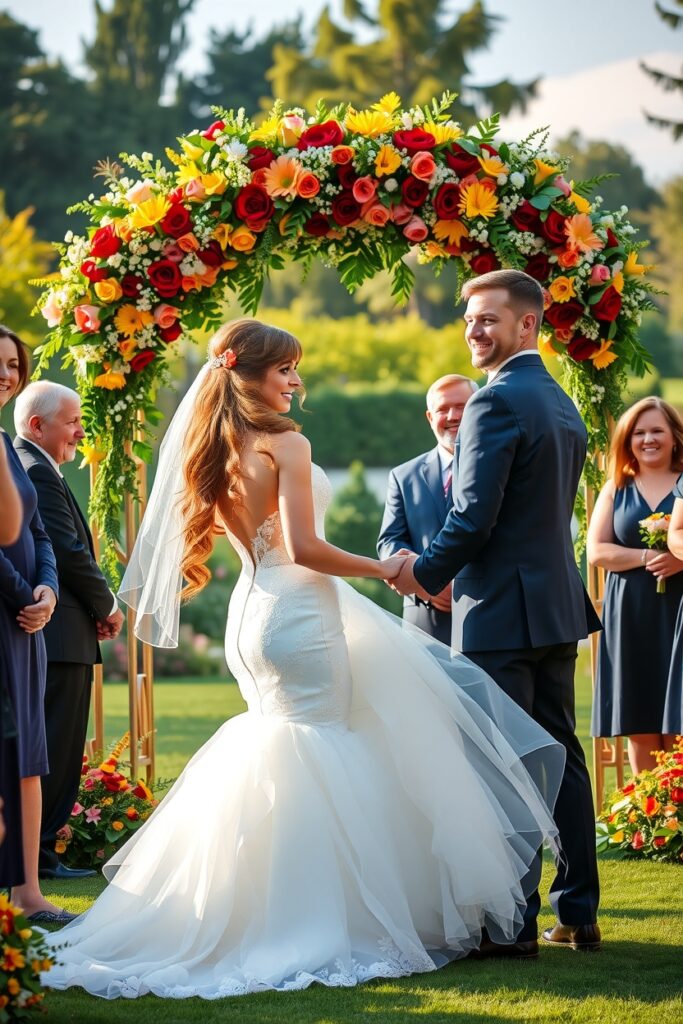 Enchanting Wedding Ceremony Under a Floral Arch – free AI stock image