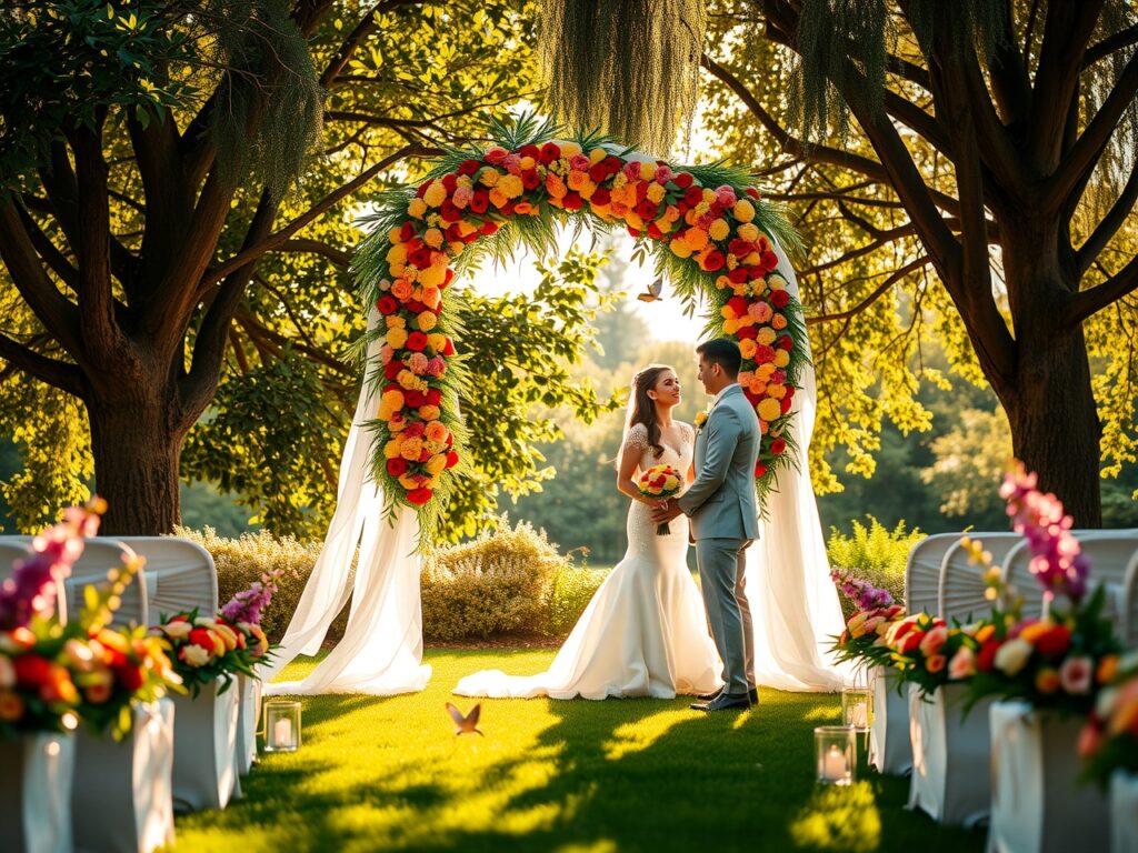 Enchanting Wedding Ceremony Under Floral Arch – free AI stock image