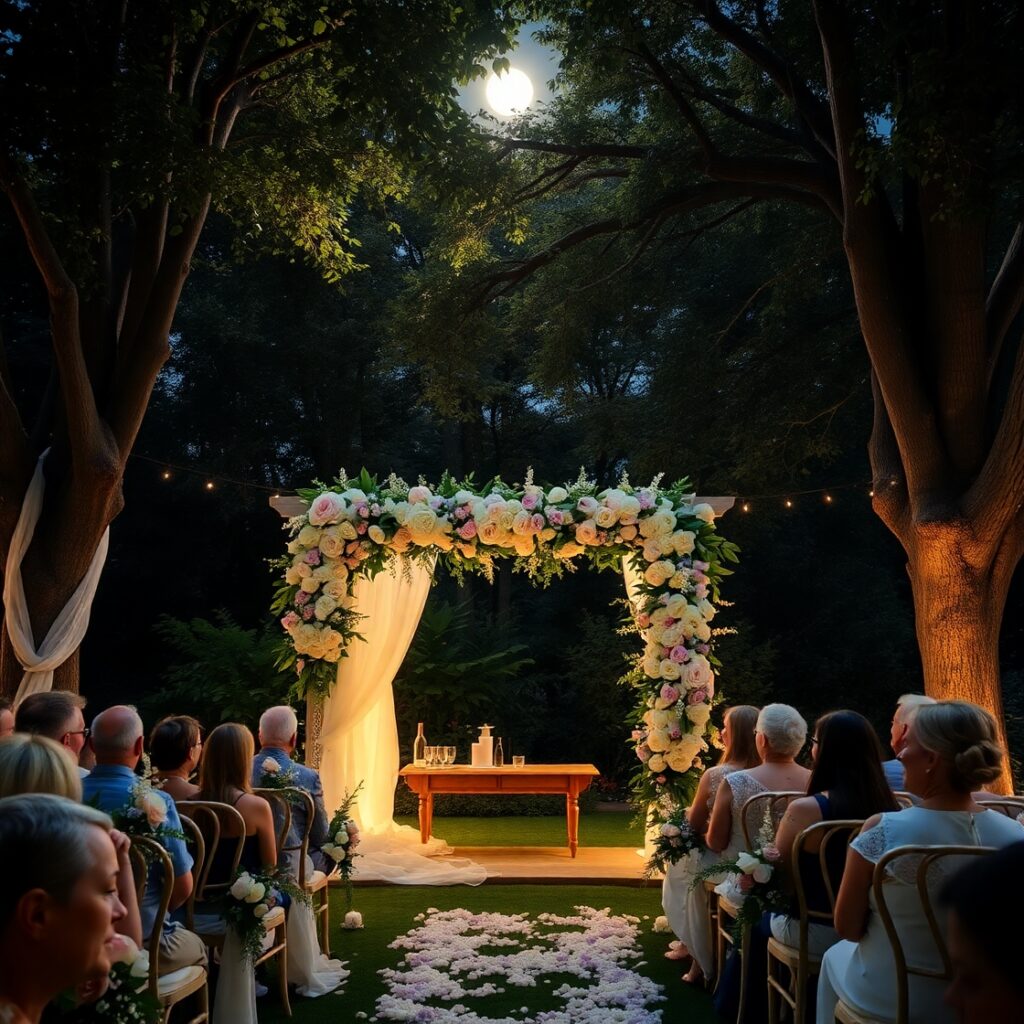 Enchanting Wedding Ceremony Under Moonlight – free AI stock image