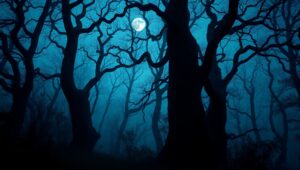 Enigmatic Eyes in the Haunted Forest – free AI stock image