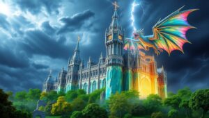 Epic Crystal Castle Under Storm – free AI stock image
