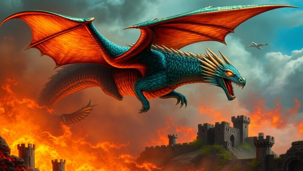 Epic Dragon Flight Over Ruins – free AI stock image