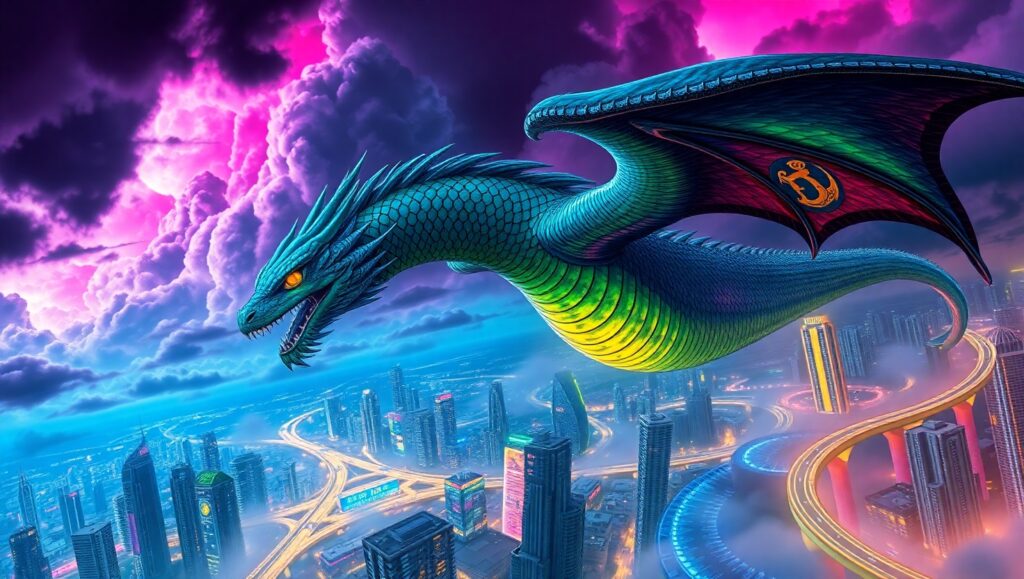 Epic Dragon Over Futuristic City – free AI stock image