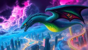 Epic Dragon Over Futuristic City – free AI stock image