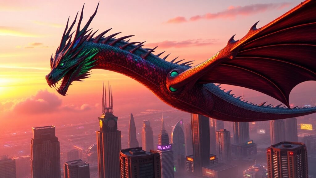 Epic Dragon Over Futuristic City – free AI stock image