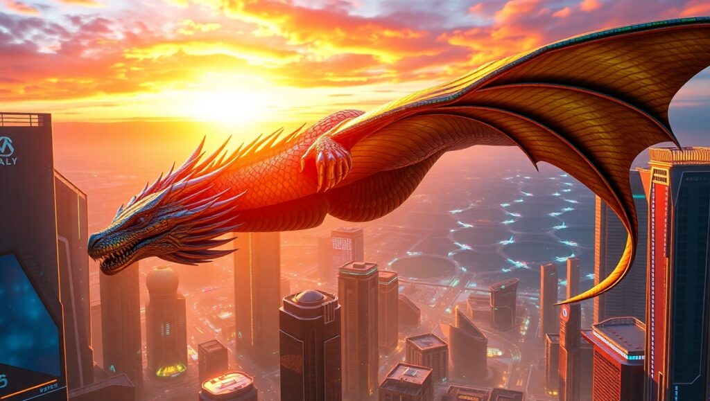 Epic Dragon Over Futuristic City – free AI stock image