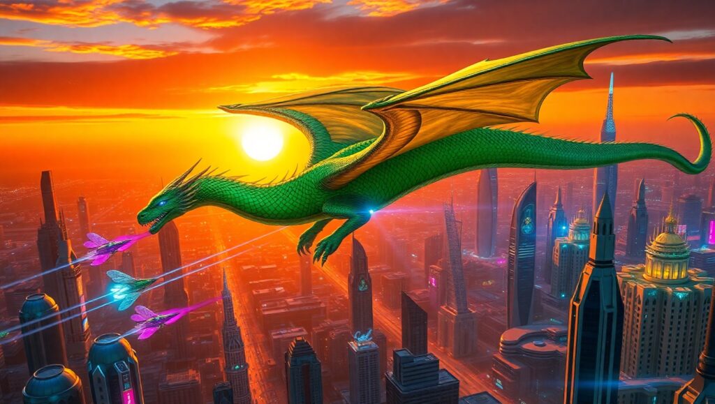 Epic Dragon Over Futuristic Cityscape – free AI stock image