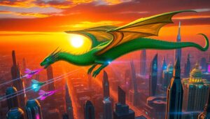 Epic Dragon Over Futuristic Cityscape – free AI stock image