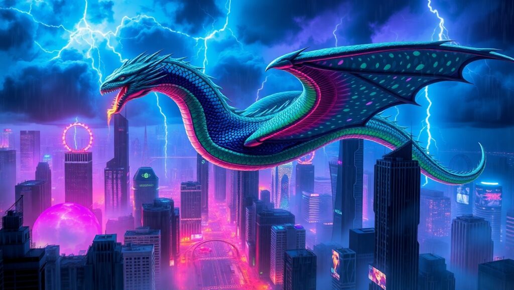 Epic Dragon Over Futuristic Cityscape ON5 – free AI stock image