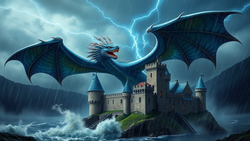 Epic Dragon Over Medieval Castle – free AI stock image