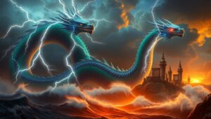 Epic Dragon Rising from Ocean – free AI stock image