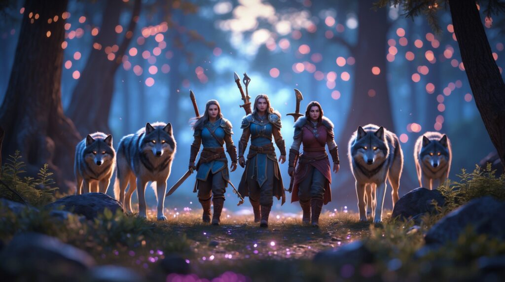 Epic Gaming Adventure with Majestic Wolves – free AI stock image