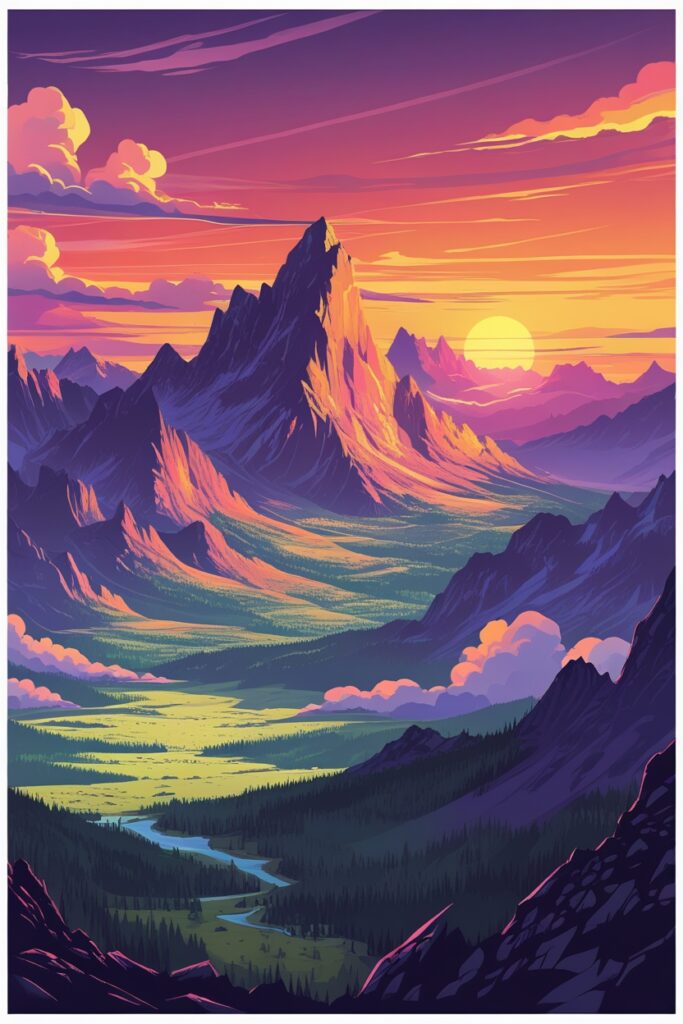 Epic Mountain Landscape at Sunset – free AI stock image