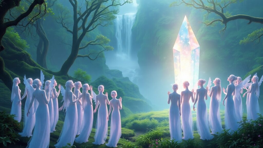 Ethereal Gathering by the Crystal – free AI stock image