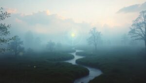 Ethereal Light in Serene Landscape – free AI stock image
