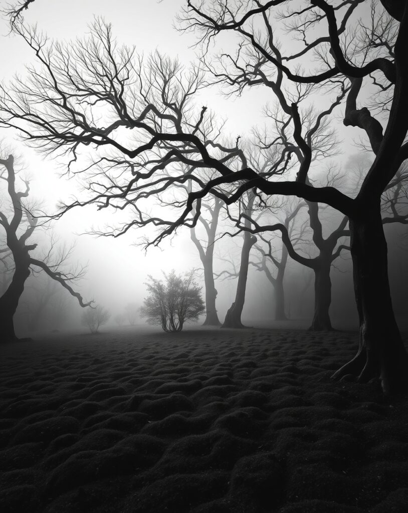 Ethereal Monochrome Forest Scene – free AI stock image