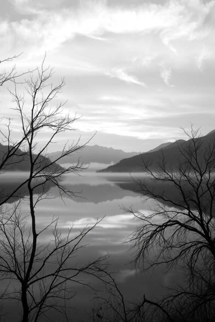 Ethereal Monochrome Landscape at Dawn – free AI stock image