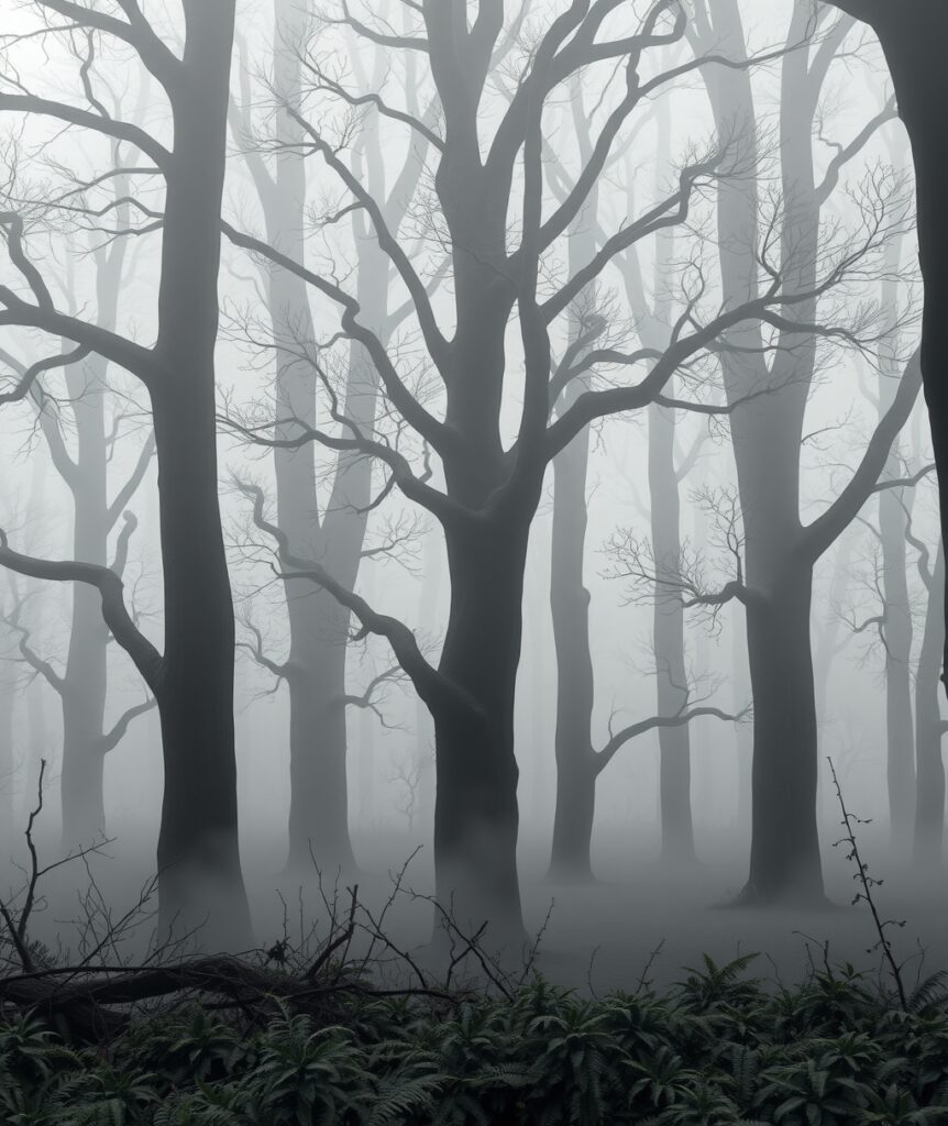 Ethereal Monochrome Misty Forest – free AI stock image