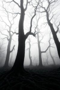 Ethereal Monochrome Misty Forest – free AI stock image