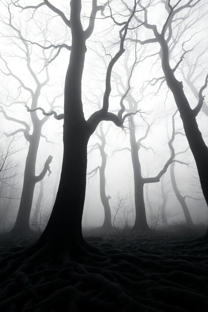 Ethereal Monochrome Misty Forest – free AI stock image