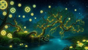 Ethereal Orbs in Tranquil Forest – free AI stock image