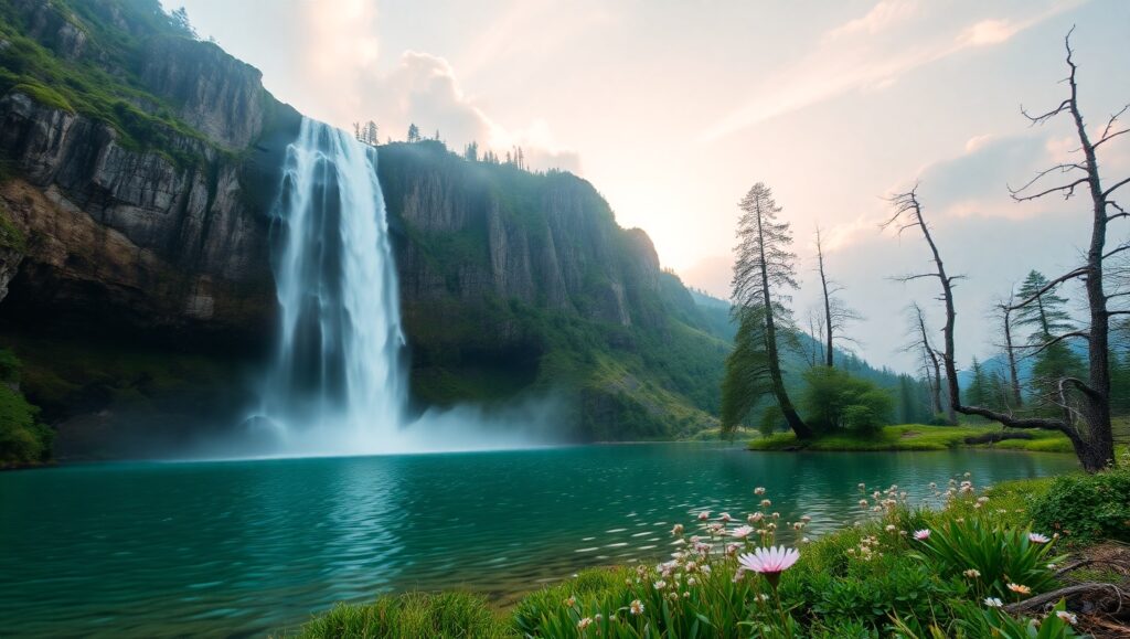 Ethereal Waterfall at Dawn – free AI stock image