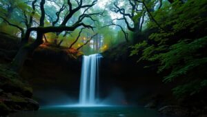 Ethereal Waterfall at Dusk – free AI stock image