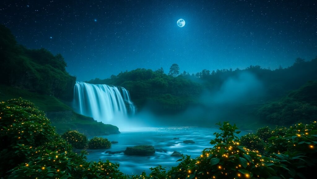 Ethereal Waterfall at Night – free AI stock image