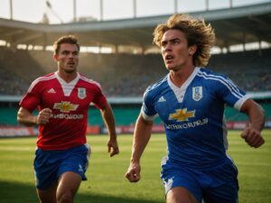 Exciting Action Shot of Soccer Players in Motion – free AI stock image