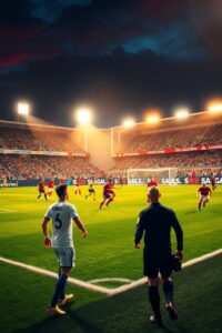 Exciting Soccer Match Under Bright Floodlights – free AI stock image