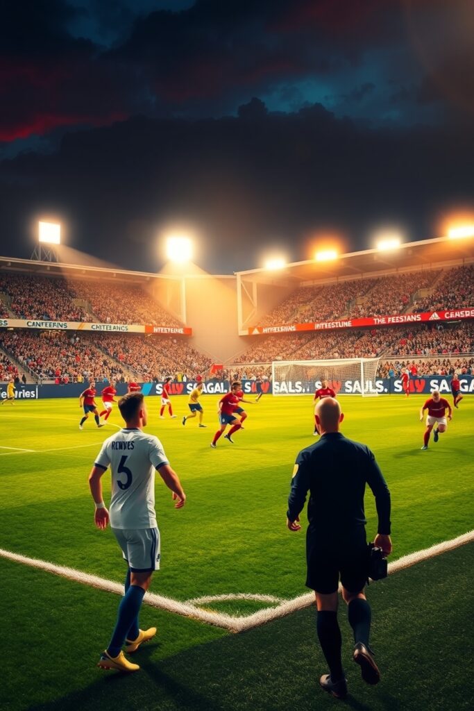 Exciting Soccer Match Under Bright Floodlights – free AI stock image