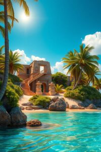 Exploring Ancient Ruins on a Deserted Island – free AI stock image