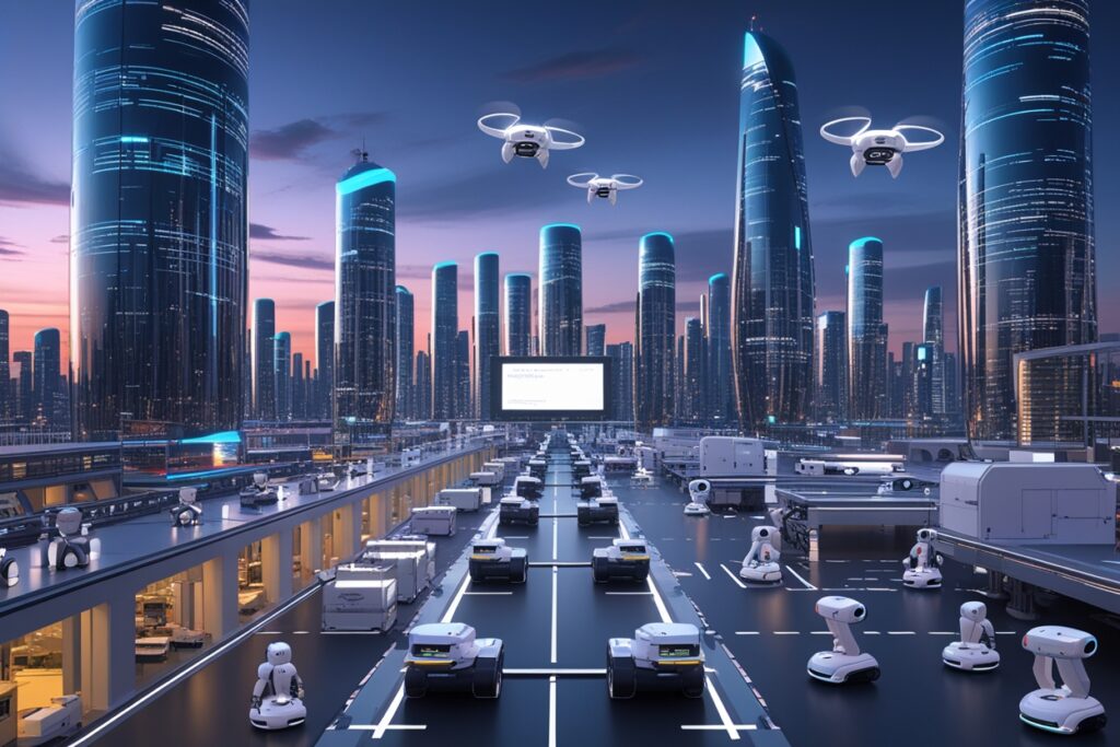 Exploring Robotics in a Future Cityscape – free AI stock image
