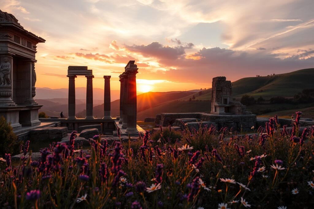 Exploring the Ancient Ruins at Sunset – free AI stock image