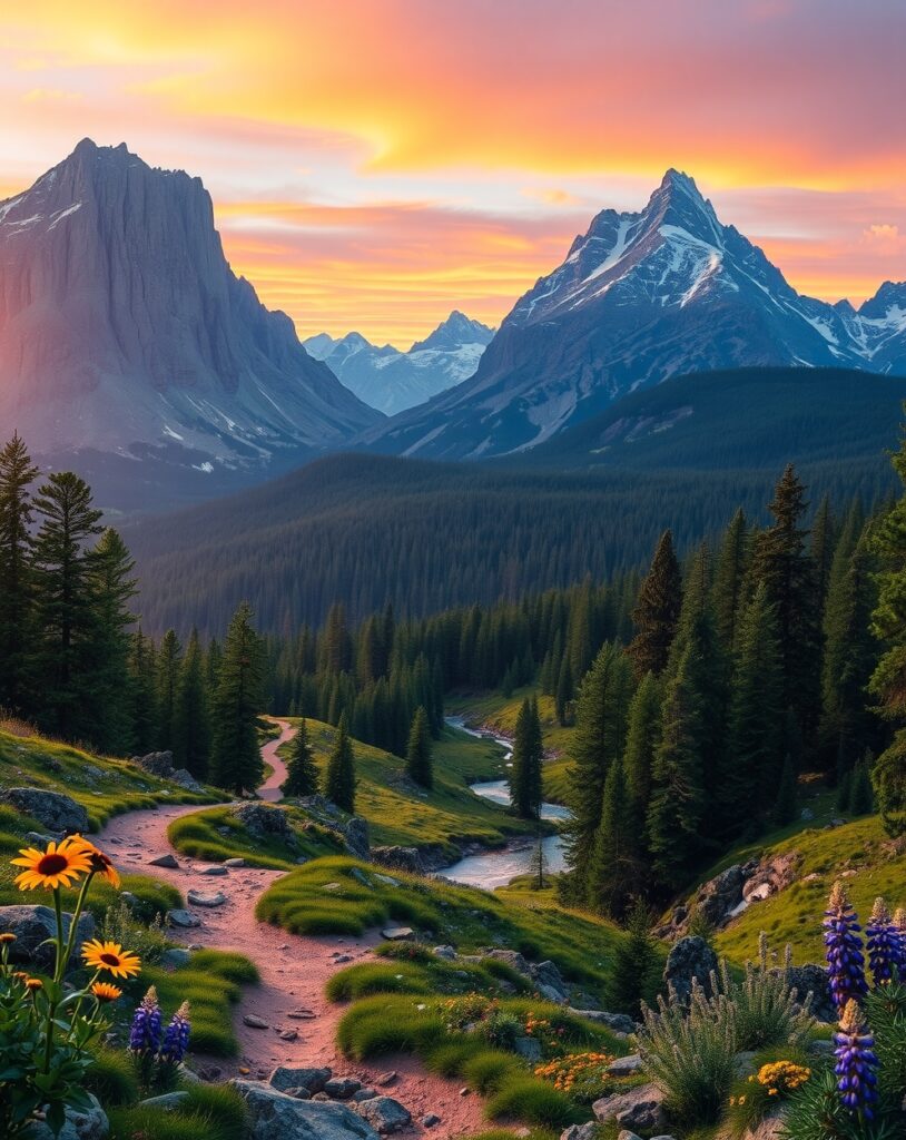 Exploring the Majestic Mountains at Sunrise – free AI stock image