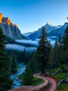 Exploring the Serene Mountains at Dawn – free AI stock image