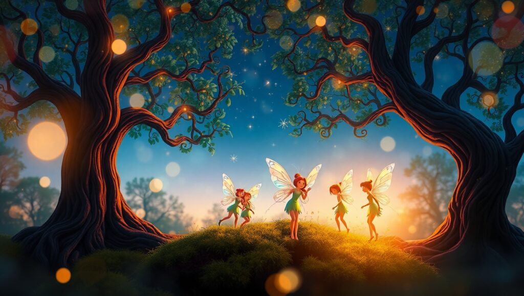 Fairy Gathering in Glowing Forest – free AI stock image