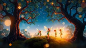 Fairy Gathering in Glowing Forest – free AI stock image