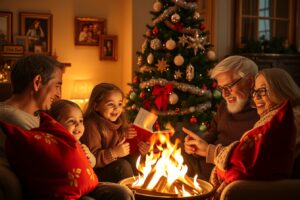 Family Gathered Around a Cozy Fireplace – free AI stock image