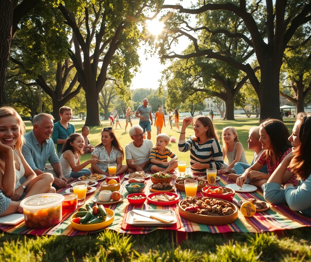Family Gathering in a Sunlit Park – free AI stock image