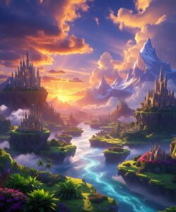 Fantasy Landscape with Floating Islands and Castles – free AI stock image